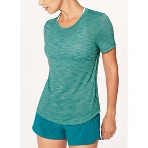 LULULEMON Heathered Teal Green Long Distance Short Sleeve Top